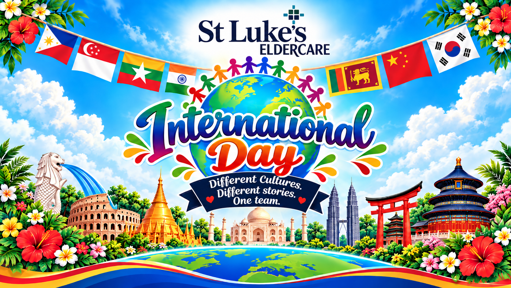 Colourful International Day artwork featuring a globe, people, flags, flowers and landmarks